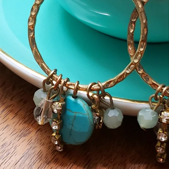 NWOT Turquoise and Gold Dangle Hoops - Picture 2 of 3